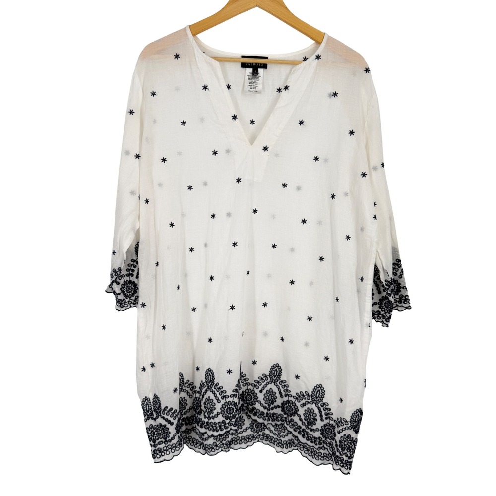 Miraclesuit x Talbots Womens L White Cotton Embroidered Cover Up Top Boho VN5475